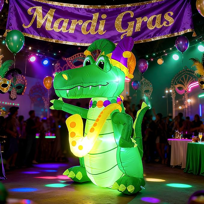 VIHOSE 5.5 FT Mardi Gras Inflatable Decoration Large Blow Up Alligator with Saxophone Necklace and Jester Hat Built in LED Lights for Mardi Gras Yard Garden Outdoor Decoration