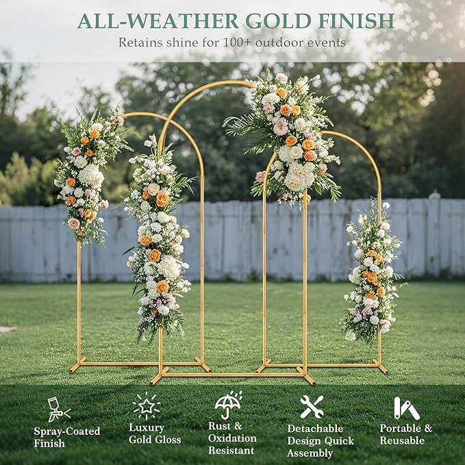 Balloon Arch Stand,7.2FT, 6.6FT, 6FT Set of 3 Metal Gold Wedding Backdrop Arch Stand Kit for Valentine Baby Shower Engagement Party Event Decoration Garden Floral Balloon Arch with Base