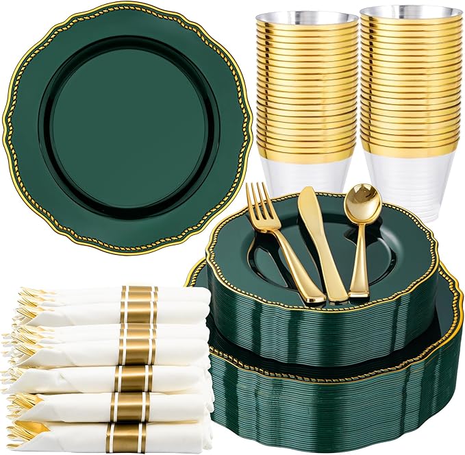Hioasis 175pcs Green Gold Plastic Plates - Gold Plastic Dinnerware Set Includes 25 Dinner Plates, 25 Dessert Plates, 25 Gold Utensils, 25 Napkins Perfect for Wedding & Party