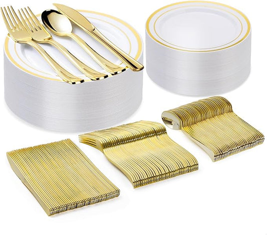 Bestvip 150PCS Gold Plastic Plate Set (25 Guests), Plastic Plates for Party Wedding Birthday, Disposable Dinnerware Set of 50 Plastic Plates, 50 Forks, 25 Spoons, 25 Knives
