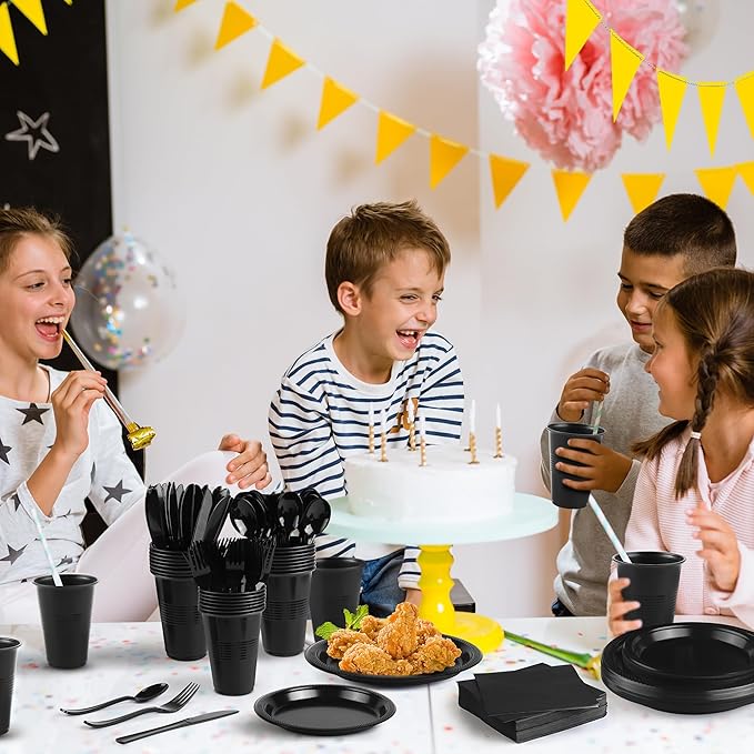Kochorie 480 Pieces Black Plastic Dinnerware Set for 60 Guests Disposable Heavy Duty Plates Napkins Cups and Silverware Dessert Dinner Plates for Halloween Birthday Wedding Party Supplies