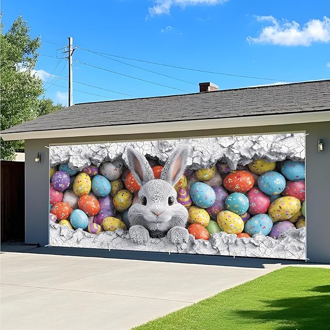 Easter Bunny with Colorful Eggs Garage Door Banner 7x16FT, Cute Bunny & Easter Egg Design, Outdoor Spring Holiday Decoration for Garage & Front Yard