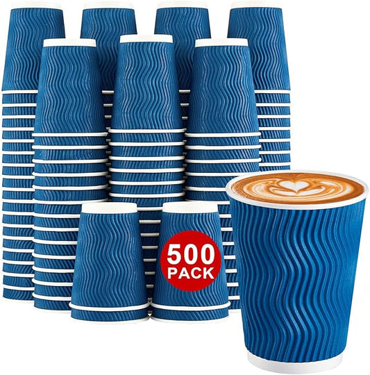 Lamosi 500-Count 12 oz Insulated Paper Coffee Cups Bulk, Disposable Corrugated Cups 12oz, Kraft Ripple Wall Design for Hot Beverage or Cold Drink Office Home Party Travel Cafe (Navy)