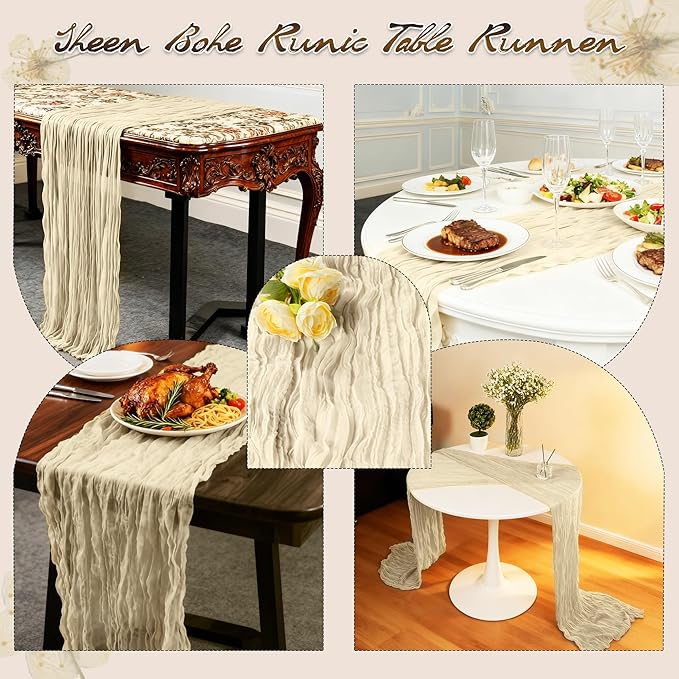 16Packs Beige Cheesecloth Table Runners – Boho Gauze Vintage Table Decor, 120 Inch Long Rustic Cheese Cloth Runner for Wedding, Bridal Shower, Birthday, Romantic Party 10Ft (Beige, 24" x 120"-16Packs)