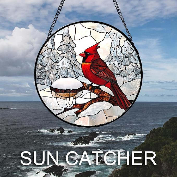 Stained Glass Window Hanging Cardinal Bird Winter Snow Scene 9.8" - Suncatcher Door Garden Sunroom Sun Catcher Home Decor Birthday Christmas for Mom Men Woman Nana