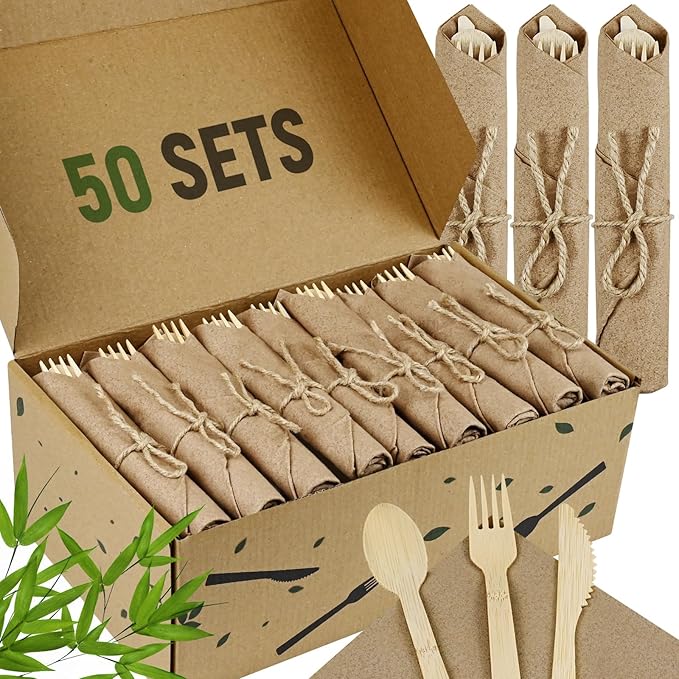 Pre Rolled Napkin and Bamboo Cutlery Set - 50Pack Bamboo Utensils/Compostable Cutlery with Brown Napkins, Biodegradable Wrapped Cutlery for Party, Wedding, Events