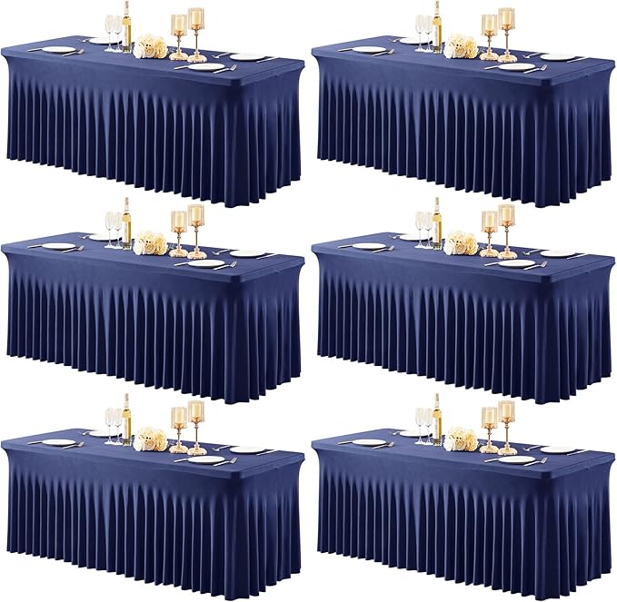 6 Packs Navy Blue Tableclothes for 8 Foot Rectangle Tables, One-Piece Wrinkle Resistant Stretch Spandex Table Covers with Skirt for Event Banquet Wedding Birthday Party