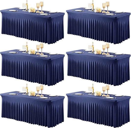 6 Pack Navy Blue Table Cloths for 6FT Rectangular Tables, Stretch Spandex with Skirt, Wrinkle Resistant, All-Season, Elegant & Versatile, Ideal for Weddings, Banquets, Trade Shows