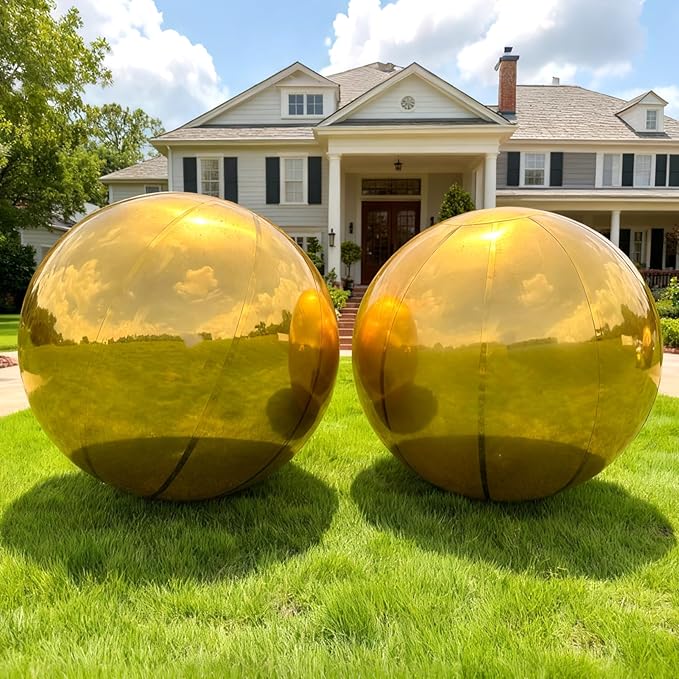 Gold Inflatable Mirror Ball, Big Shinny Mirror Balls Reusable Large PVC Disco Ball Balloon for Large Event Decoration, Party, Concerts, Stage, Wedding Decor, Without Air Pump(2 Pcs, 78.7in)