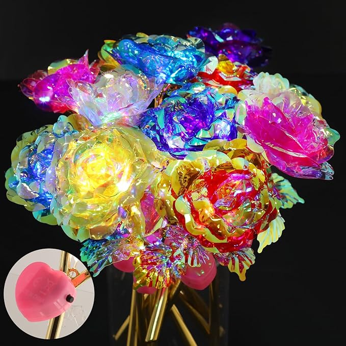 Lyrow 36 Pcs Valentines Galaxy Rose LED Light up Rose Flower Gifts Crystal Artificial Rainbow Flower for Valentine Lover Girlfriend Mom Her Mother's Day Birthday Wedding Gift, 9.84 Inches (Multicolor)