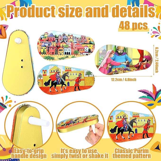 48 Pcs Metal Purim Gragger Noise Makers for Sporting Event Colorful Party Noise Makers Bulk Novelty Assorted Purim Gragger Party Favor for Holiday, Football Games, Pep Rally Supplies (Classic)