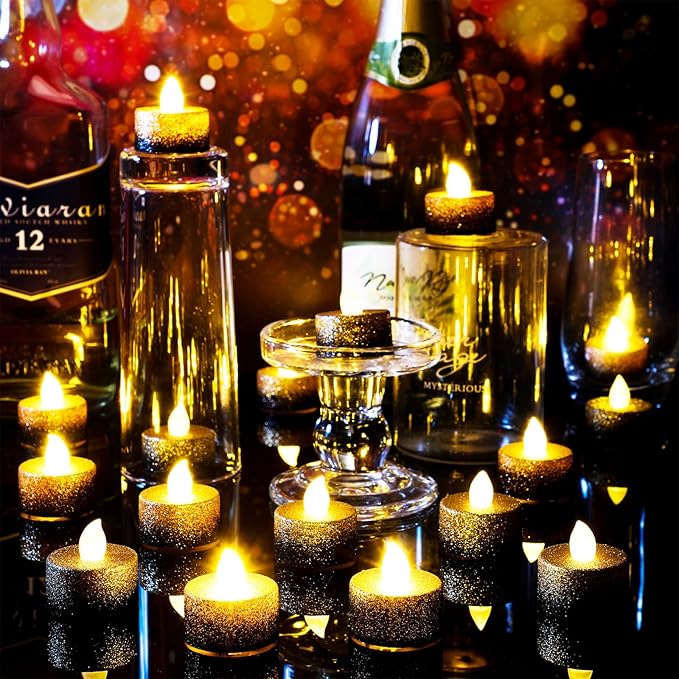 Retisee 48 Pcs Flameless LED Tea Lights Gold Black Glitter Electric Fake Candles for Centerpieces Battery Operated Anniversary Decorations Romantic Winter Decor for Wedding Festival Christmas Birthday