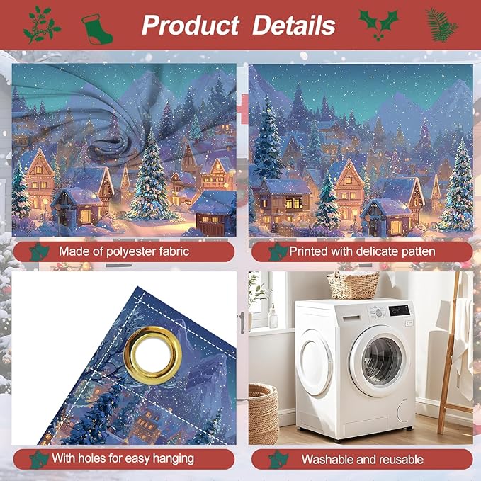 Christmas Garage Door Banner 7x16FT Winter Village Scene, Large Snowy Town Garage Door Cover, Outdoor Xmas Decoration Backdrop for Yard, Driveway & Holiday Parties