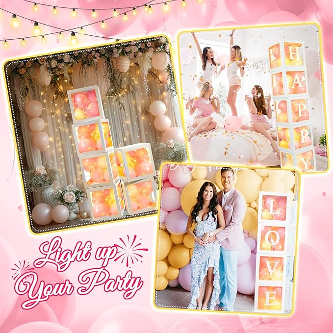Ledido Transparent Balloon Boxes, Clear Balloon Boxes with 6 Pcs String Lights and 78 Letters for Baby Shower Gender Reveal 2026 New Year Grad Party Birthday Anniversary Bridal Decor - 6 White Boxes