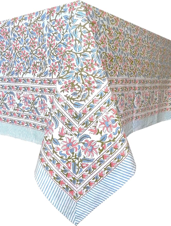 ATOSII Kalina 100% Cotton Rectangle Tablecloth, Handblock Floral Linen Table Cloth for Kitchen Dining Table I Parties Wedding Outdoors I Home Decor 60 X 108 Inches