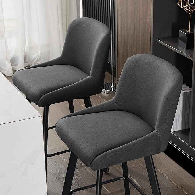 Swivel Counter Height Bar Stools Set of 4, 29''H Upholstered Barstools with Backs, Modern Bar Stool Chairs for Kitchen Island, Metal Legs, Fabric, Black Grey Stools Counter Chair