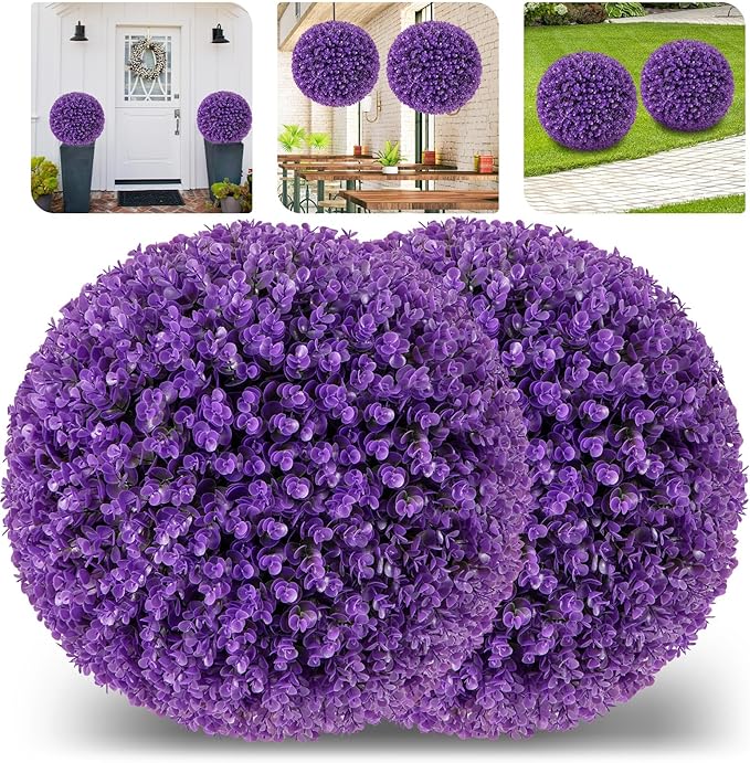 Goplus 17.5 Inch Topiary Balls Artificial Outdoor Set of 2, Faux Purple Eucalyptus Decorative Balls, Fake Plant Sphere, Round Artificial Plant Balls for Front Door, Porch, Backyard, Home Décor