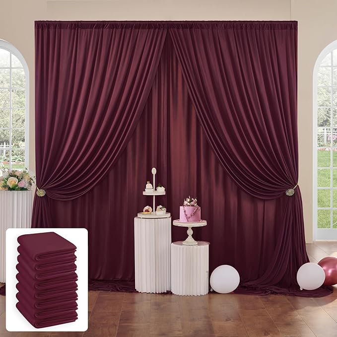 40 ft x 10 ft Wrinkle Free Maroon Backdrop Curtain for Parties, Polyester Burgundy Photo Backdrop Drapes 8 Panels 5x10ft for Baby Shower Wedding Birthday Party Engagement Ceremony Decoration