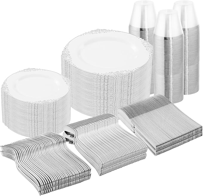 YOUBET 600PCS Silver Plastic Plates - White and Silver Disposable Plates - Silvery Plastic Dinnerware Set - Include 200 Plates, 300 Heavy Duty Silverware, 100 Cups for Wedding & Party