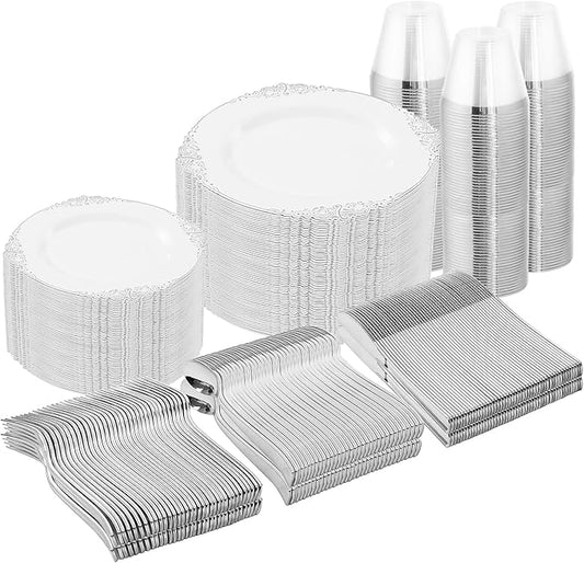 YOUBET 600PCS Silver Plastic Plates - White and Silver Disposable Plates - Silvery Plastic Dinnerware Set - Include 200 Plates, 300 Heavy Duty Silverware, 100 Cups for Wedding & Party