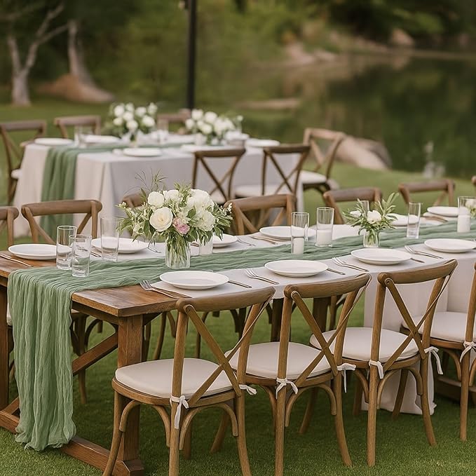 12 Pack Sage Green Cheesecloth Table Runners – 10FT Rustic Gauze Bulk Set for Wedding Reception, Woodland Baby Shower, Garden Party, or Boho Spring Event Decor