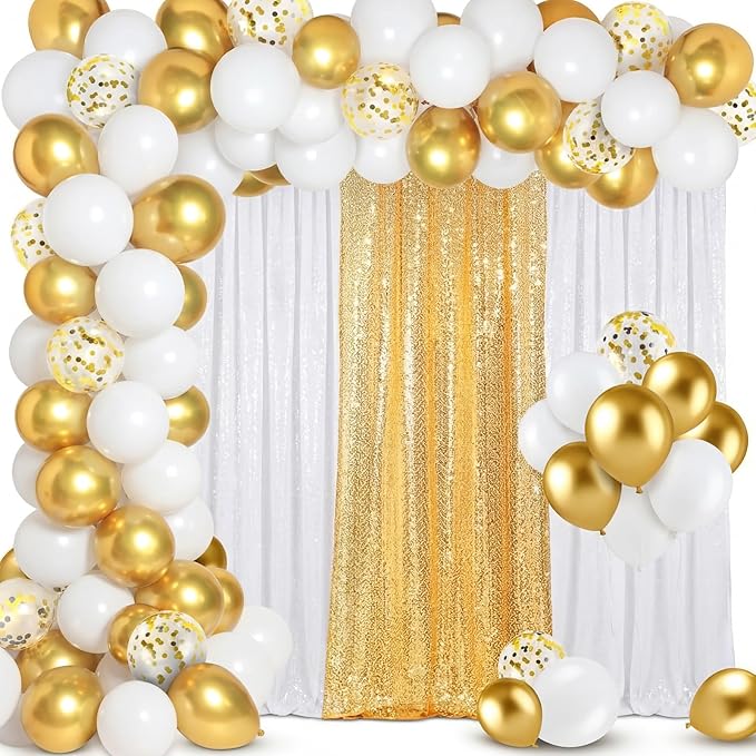 137 Pcs White Gold Party Backdrop Kits - 4 Sequin Backdrop Curtain 133 Balloon Garland Kit Photo Prop Background for Engagements Bridal Shower Graduation Anniversary Party Decoration