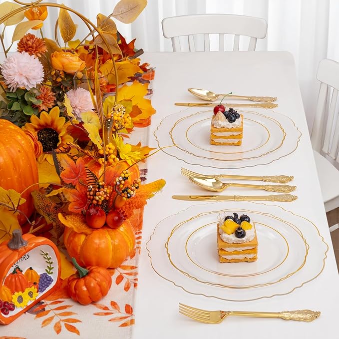 YOUBET 125PCS Gold Plastic Plates - Clear Gold Disposable Plates - 25 Guests Baroque Plastic Dinnerware Includes 25Dinner Plates, 25Dessert Plate, 75Silverware for Party & Wedding