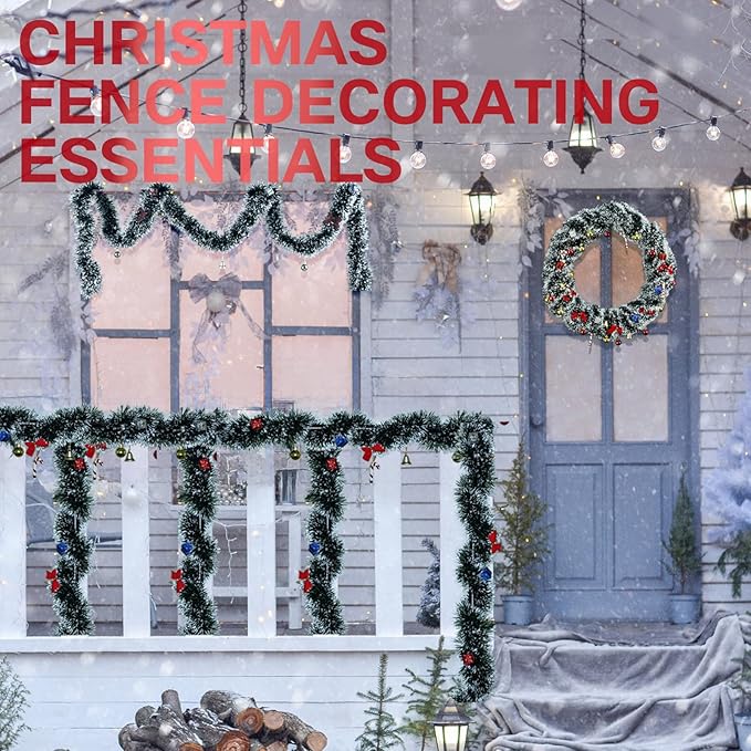 5 Pack 250Ft Greenery Garland with Snow, Dark Green Snowflake Dots, Artificial Christmas Pine Streamers for Indoor/Outdoor Decorations