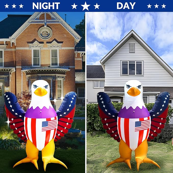 Patriotic Inflatable 6FT Bald Eagle with Flying Wings 4th of July Inflatable Yard Decorations Outdoor Holiday LED Blow up Decor for American Decorations Advertising Business Promotion