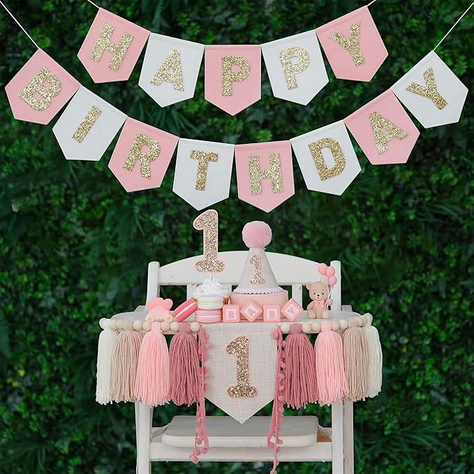 Pink Felt Happy Birthday High Chair Banner Pre-Strung Birthday Hanging Decoration For Baby Girl 1st Birthday Party Decorations