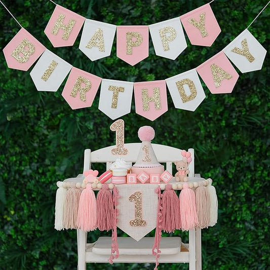 Pink Felt Happy Birthday High Chair Banner Pre-Strung Birthday Hanging Decoration For Baby Girl 1st Birthday Party Decorations