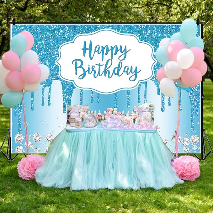 OERJU Blue Birthday Backdrop Glitter Sequin Diamonds Happy Birthday Backdrop for Women Girls Sweet 16 18th 21st 30th 40th 50th Birthday Party Decorations Background Cake Table Banner 12x10ft