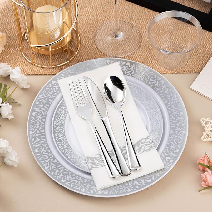 700PCS Silver Plastic Dinnerware Set for 100 Guests, Disposable Plates for Party, Include 100 Dinner Plates, 100 Dessert Plates, 100 Set Silver Silverware, 100 Cups, 100 Napkins
