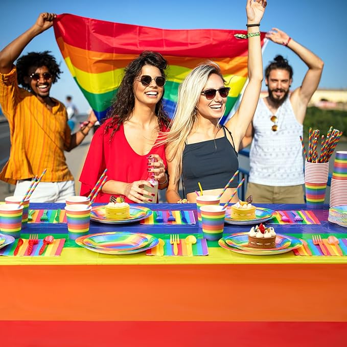 452 Pcs Rainbow Pride Party Decorations Include Rainbow Disposable Paper Plates Napkins Cups Tablecloth Cutlery Straws Colorful Stripe Party Supplies for Birthday Graduation Pride