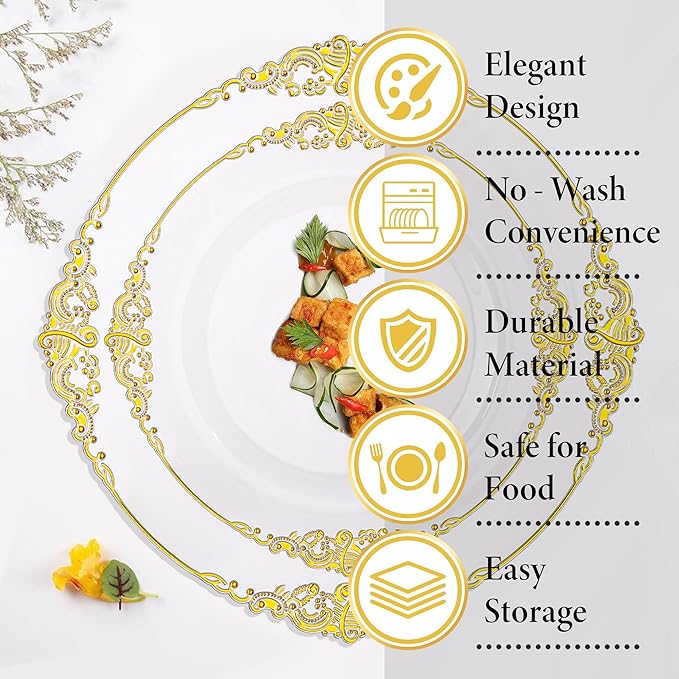 Nervure 100Pcs Clear and Gold Plastic Plates - Heavyweight Gold Disposable Plates - Plastic Plates Include 50Pcs 10.25inch Dinner Plate & 50Pcs 7.5inch Dessert Plate for Wedding & Party & Thanksgiving