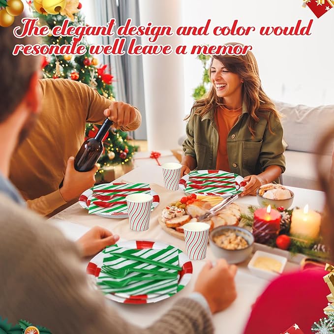 Pickmesh 400 Pcs Christmas Peppermint Candy Paper Plates Napkins Cups Cutlery for Candy Mint Party Supplies, Red and Green Striped Peppermint Party Decorations Tableware Set for Holiday Xmas Serve 50