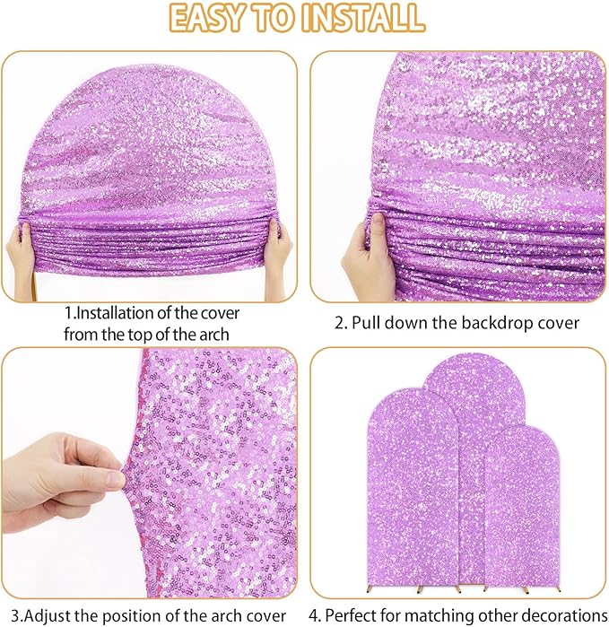 FUHSY Wedding Arch Stand Cover Lavender Set of 3 Arch Cover 4ft 5ft 6ft Spandex Sequin Arches Backdrop Covers Lilac Chiara Backdrop Stand Cover Shimmer Party Arch for Birthday Decor