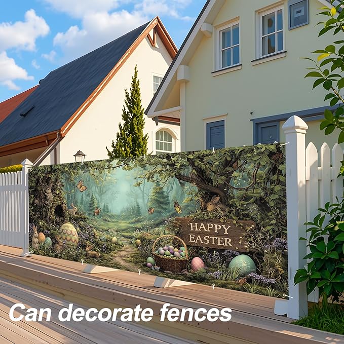Happy Easter Woodland Scene Garage Door Banner 7x16FT, Bunny & Colorful Easter Eggs Garage Door Cover, Outdoor Spring Decor for Yard, Garage & Front Door