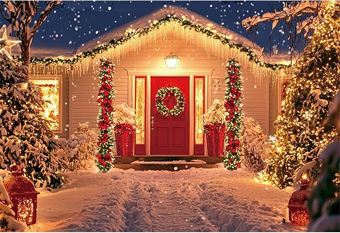 Baocicco 20x10ft Snow Christma Backdrops for Photoshoot Snowy Winter Night House Christma Trees Flowers Wreath Photography Background Family Party Banner Supplies Decorations Kids Adults Portraits