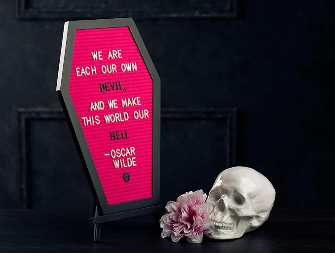 Coffin Letter Board Pink With Spooky Emojis +500 Characters, and Wooden Stand - 17x10.5 Inches - Gothic Halloween Decor Spooky Gifts Decorations