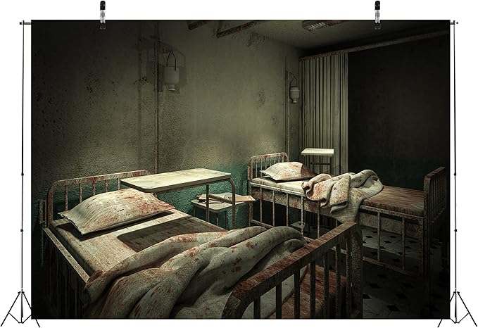 CORFOTO 9x6ft Fabric Creepy Ward Room Hospital Backdrop Spooky Horror Bloody Hospital Interior Background Sickbed Blood Murder Crime Party Decorations Kids Adults Halloween Party Banner Photo Props
