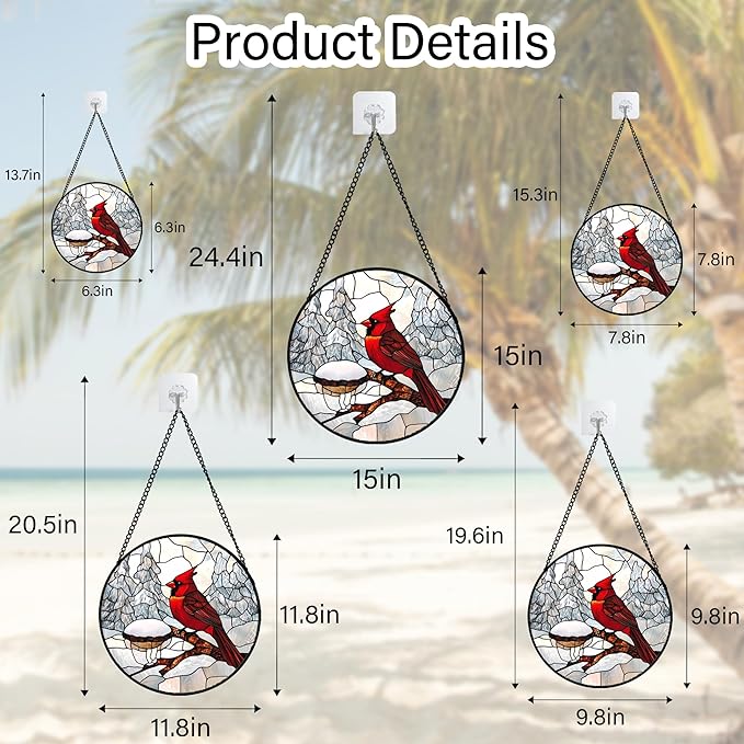 Stained Glass Window Hanging Cardinal Bird Winter Snow Scene Large 15" - Suncatcher Door Garden Sunroom Sun Catcher Home Decor Birthday Christmas for Mom Men Woman Nana