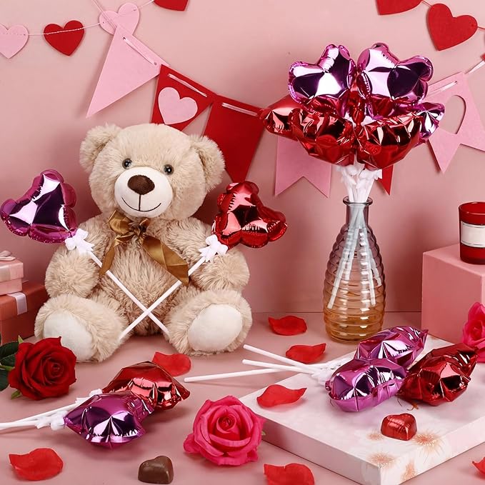 100 Pcs Valentine's Day Self Inflatable Heart Balloons with Bow Stems Mini Heart Balloons Decoration for Valentine Wedding Anniversary Party Supplies Cake Toppers(Red,Rose Red,4 Inch)
