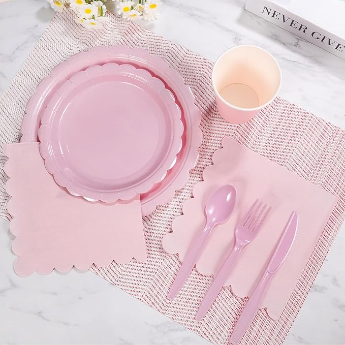 350 Pcs Pink Paper Plates and Napkins, Light Pink Party Supplies Include Valentines Plates Napkins Cups Plastic Spoons Forks Knives for Valentines day, Baby Bridal Shower, Wedding, Birthday