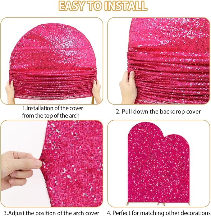 Spandex Arch Backdrop Cover Set of 2 （7.2FT, 6FT） Hot Pink Wedding Arch Covers Stretchy Backdrops Sparkly Sequin Arches Backdrop Stands Cover Chiara Backdrops Covers for Baby Shower Birthday Parties