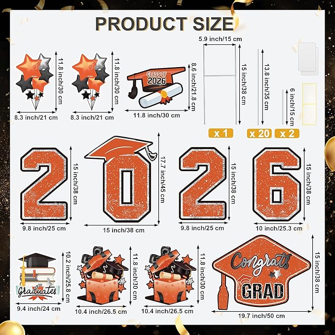 Large 11 PCS Graduation Yard Signs, Class of 2026 Congrats Grad Outdoor Lawn Yard Sign with Stakes, Graduate Yard Decorations for College High School Party, Orange