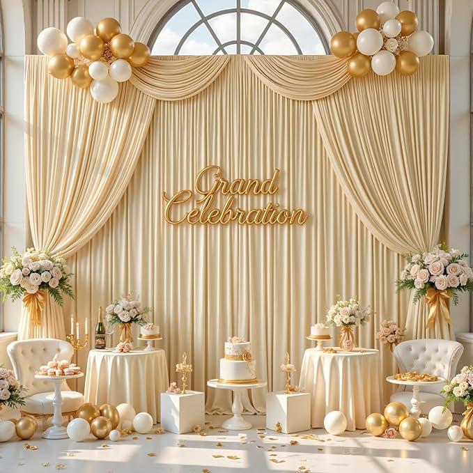 gogoparti 50x12ft Beige Backdrop Curtain for Wedding Parties, 10 Panels (5x12 ft Each) Wrinkle-Free Dackdrop Curtains, Silky Draping Fabric for Birthday Party, Baby Shower, Photo Background