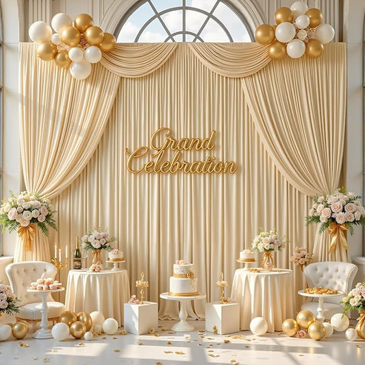 gogoparti 50x12ft Beige Backdrop Curtain for Wedding Parties, 10 Panels (5x12 ft Each) Wrinkle-Free Dackdrop Curtains, Silky Draping Fabric for Birthday Party, Baby Shower, Photo Background