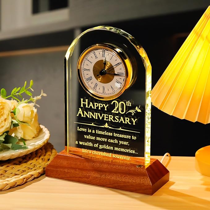 YWHL Happy 20th Wedding Anniversary Clock Gifts for Her Him, 20 Years Anniversary Glass Gift for Couples, Table Clock Presents with Wooden Light Base for Home Decoration (Battery not Included)