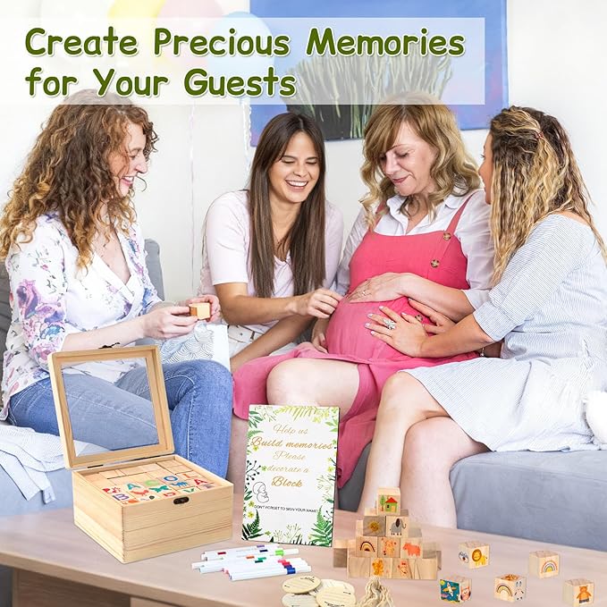144 Pcs Baby Shower Games Sign Kit, Including 50 DIY Blank Wooden Blocks, 41 Stencils, 36 Acrylic Paint Markers, 15 Advice Cards, 1 Game Sign, 1 Storage Box for Baby Shower Games, Gender Reveal Party